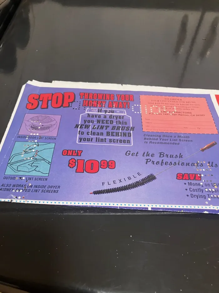 The vintage Stop Throwing Your Money Away mail-order ad for the lint brush