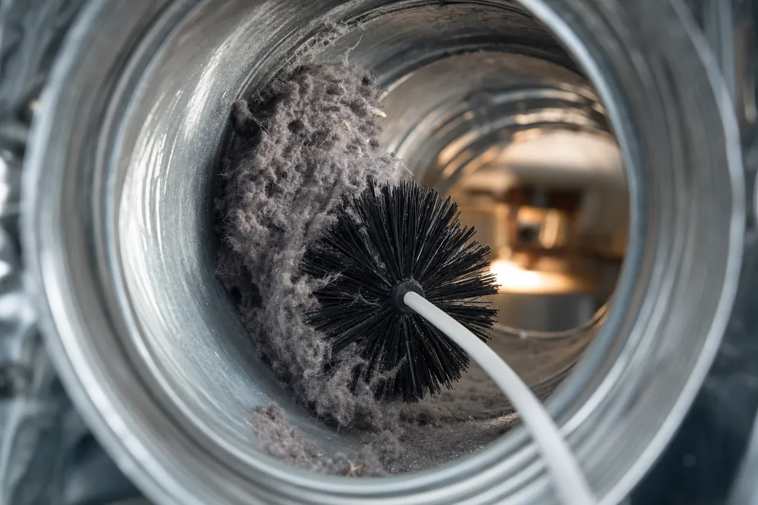 The cylindrical Lint Extractor brush inside a silver dryer duct, lifting a mat of grey lint off the metal