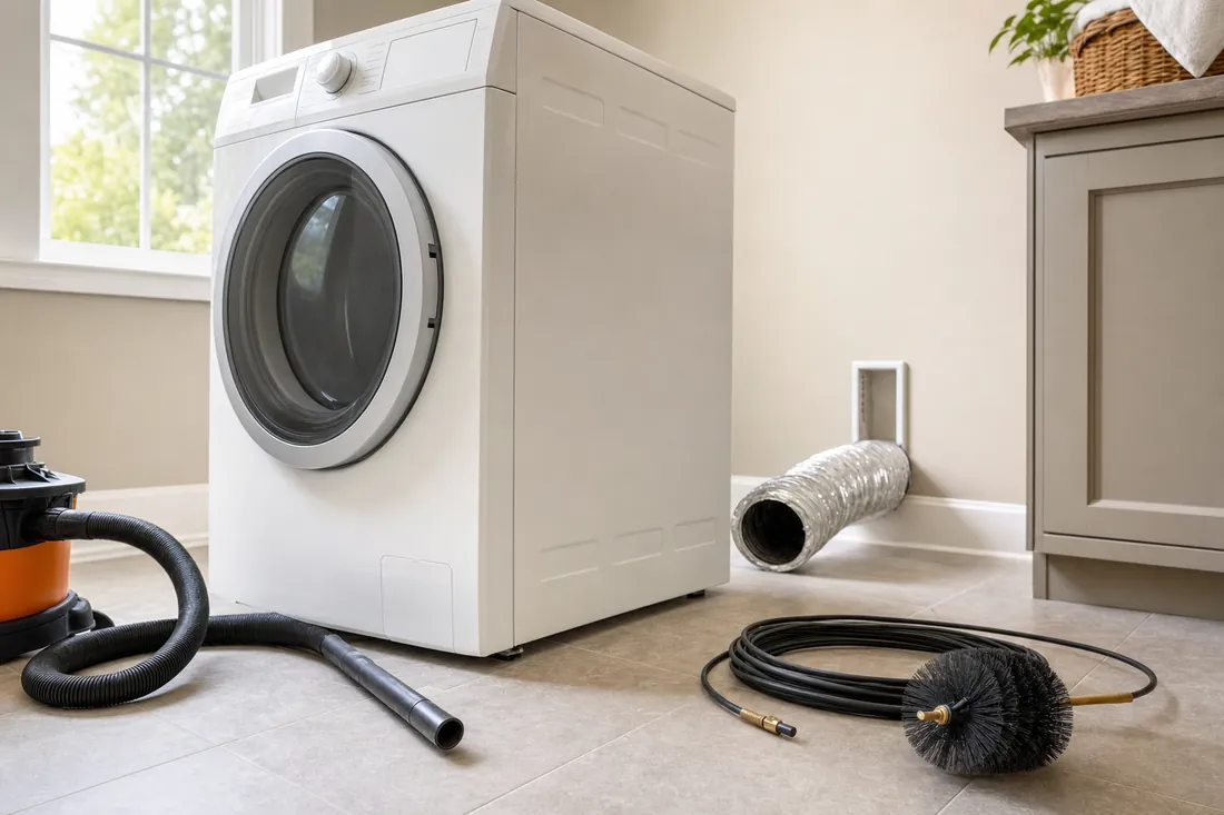 A dryer pulled out from the wall with its vent duct opened up and cleaning rods and a vacuum laid out on the floor