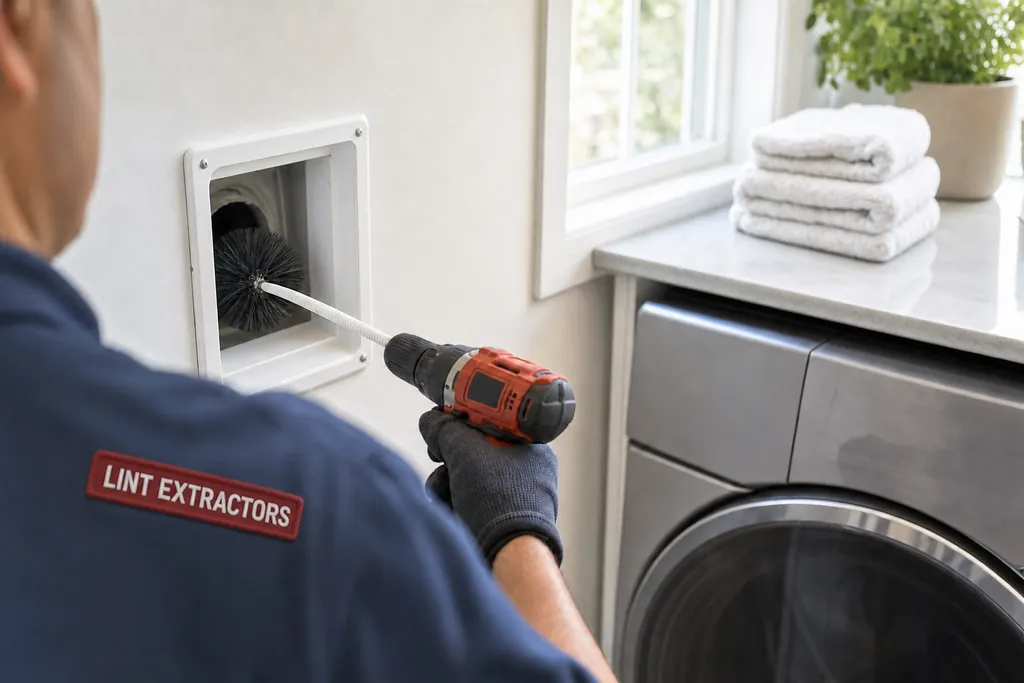 A technician feeding a flexible rod with a round brush into a dryer-vent wall box, drill driving the rod