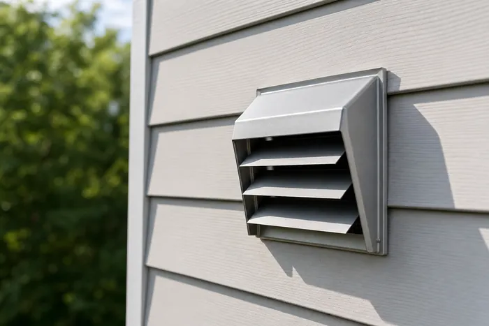 A louvered aluminium dryer vent hood cap mounted on light-grey house siding