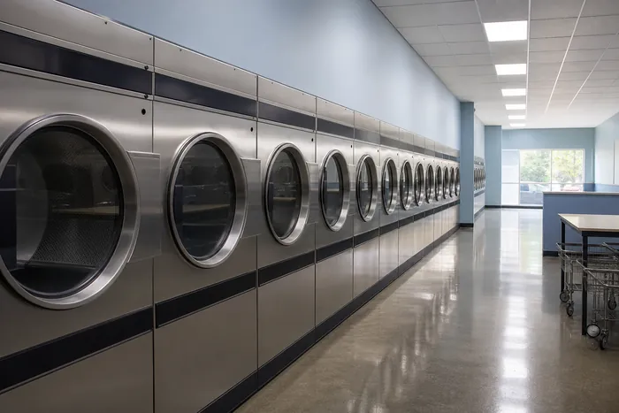 A long row of stainless commercial tumble dryers in an empty laundromat