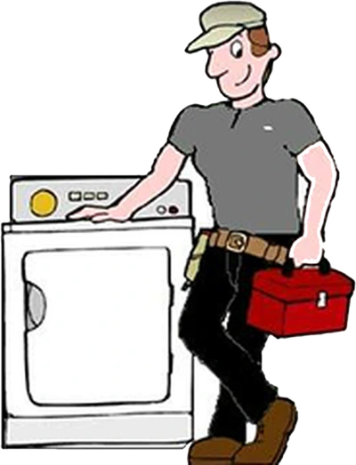 The Lint Extractors mascot: a technician with a toolbox leaning on a clothes dryer