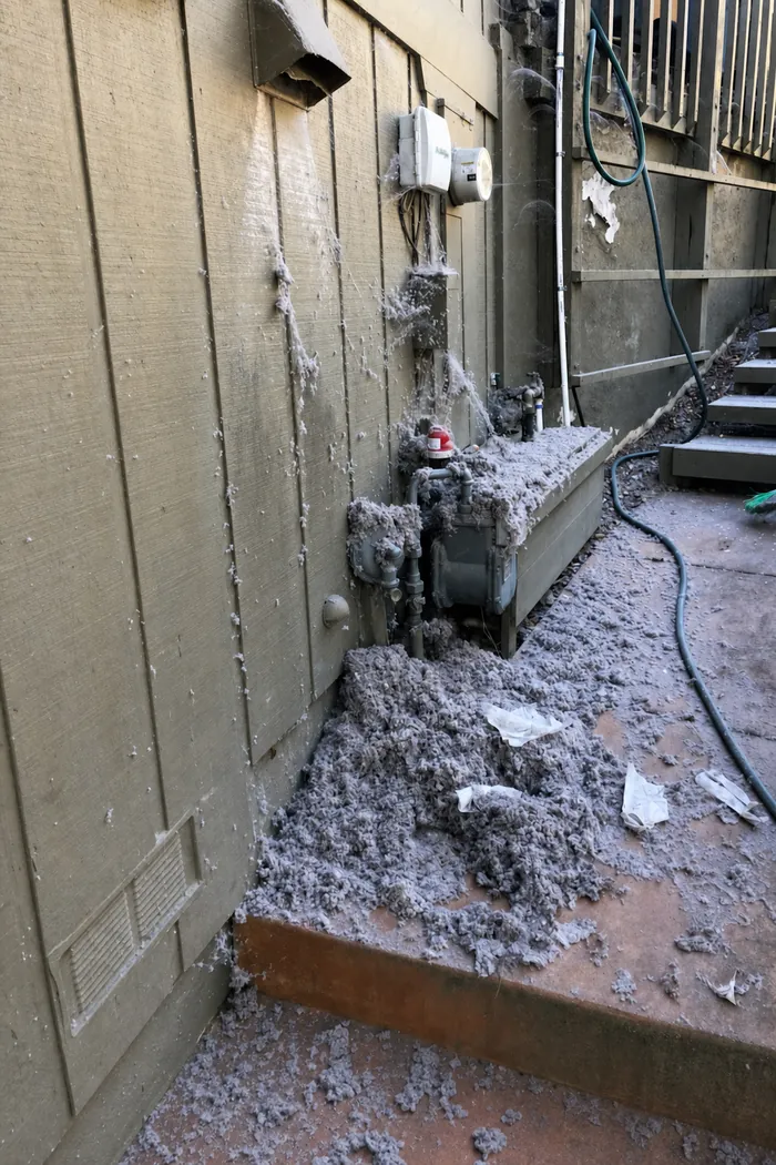 A real job photo: a drift of grey lint blanketing a gas meter and patio after a vent blowout