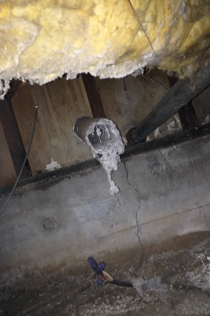 An open crawlspace dryer duct packed solid with pale compacted lint
