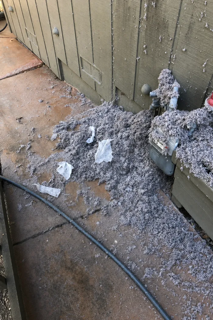 A mound of grey dryer lint burying a residential gas meter