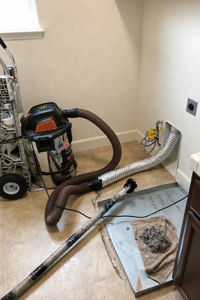 Steve's extraction rig working in a laundry alcove, hoses run and a pan of removed lint on the floor